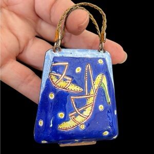 Vintage Blue Yellow Enamel Handbag Purse Heels Trinket Box Magnetic Clasp Lined